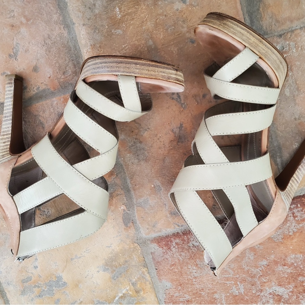 Boss Orange Strappy Beige, Brown Leather High Heels, Zip up. - Picture 3 of 5